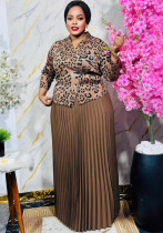 African Fashion Leopard Print Pleated Two-Piece Skirt Suit