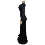 Women Elegant Long Sleeve Slit Evening Dress