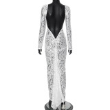 Women Lace Patchwork See-Through Backless Gathered Bodycon Dress