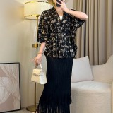 African Plus-Size  Shiny Top Tassel Skirt Two-Piece Set