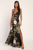 Women V Neck Suspender Printed Backless Slit Casual Holidays Beach Maxi Dress