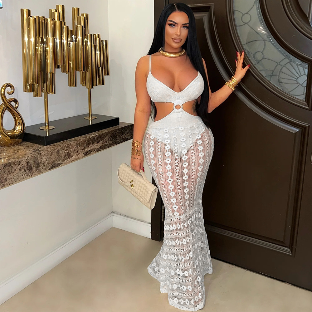 Women Sexy Suspender V-Neck Lace See-Through Bodycon Dress