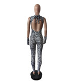 Women Leopard Print Sleeveless Halter Neck Backless Lace-Up Glove Jumpsuit
