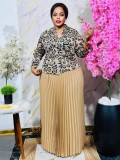 African Fashion Leopard Print Pleated Two-Piece Skirt Suit