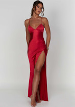 Women Summer Suspender V Neck Slit Sexy Backless Dress