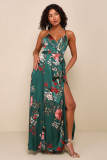 Women V Neck Suspender Printed Backless Slit Casual Holidays Beach Maxi Dress