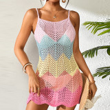 Knitted Hollow U-Neck Beach Cover-Up Contrast Color Sexy Beach Dress
