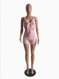 Women Spring Solid Sexy Stretch Solid Knitting Suspender Top and Shorts Two-Piece Set