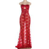 Women Sexy Strapless Lace-Up Lace See-Through Patchwork Bodycon Dress