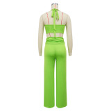 Women Summer Decorative Button Solid Sexy Halter Neck Top and Long Skirt Two-Piece Set