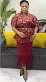 African Plus-Size  Shiny Top Tassel Skirt Two-Piece Set