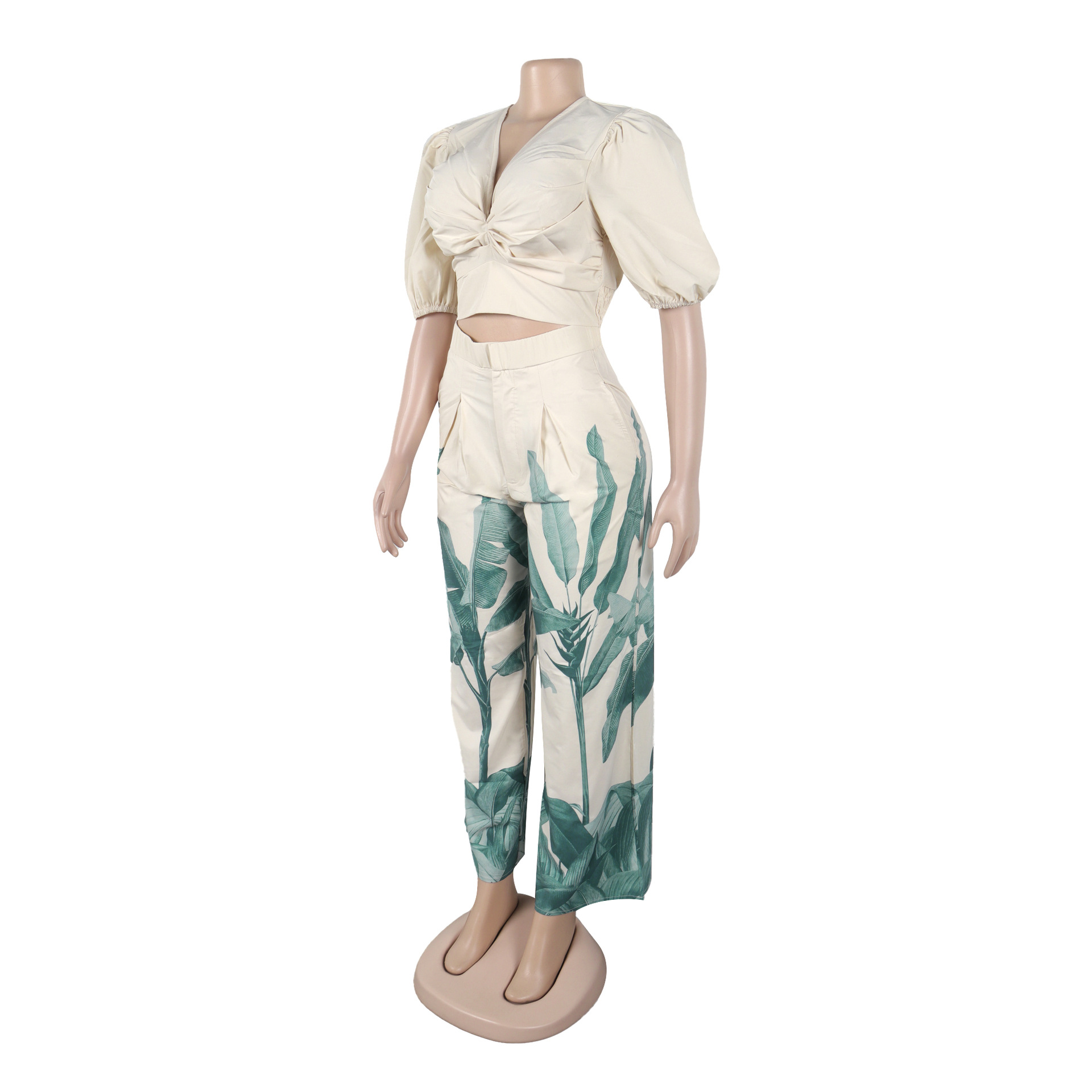 V-Neck Lantern Sleeve Top Printed Wide-Leg Pants Suit