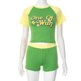 Women Spring and Summer Round Neck Contrast Color Patchwork Letter Ruber Print Top and Shorts Two-piece Set
