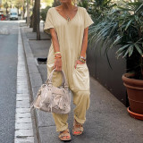 Women Spring Summer Solid Casual V Neck Short Sleeve Jumpsuit