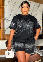 Women Casual Beaded Round Neck Short Sleeve Top and Shorts Two-Piece Set Women Casual Beaded Round Neck Short Sleeve Top and Shorts Two-Piece Set