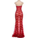 Women Sexy Strapless Lace-Up Lace See-Through Patchwork Bodycon Dress