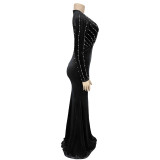 Women Sexy V Neck Beaded Slit Dress