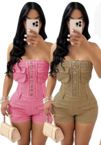 Women Solid Strapless Stretchy Cargo Zipper Pocket Jumpsuits
