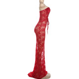 Women Sexy Strapless Lace-Up Lace See-Through Patchwork Bodycon Dress