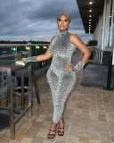 Women Leopard Print Sleeveless Halter Neck Backless Lace-Up Glove Jumpsuit