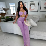 Women Summer Decorative Button Solid Sexy Halter Neck Top and Long Skirt Two-Piece Set