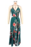 Women V Neck Suspender Printed Backless Slit Casual Holidays Beach Maxi Dress