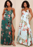 Women V Neck Suspender Printed Backless Slit Casual Holidays Beach Maxi Dress