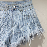 Women Summer Diamond Ostrich Feather Tassel Denim Shorts