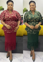 African Plus-Size  Shiny Top Tassel Skirt Two-Piece Set