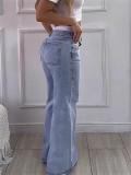 Women American Retro Non-elastic Contrast Color Wide Leg Denim Pants