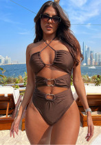 Sexy Cutout Design Brown Hollow-Out Lace-Up One-Piece Swimsuit