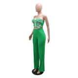 Women Strapless Crop Top and Solid Long Pants Two-Piece Set