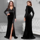 Women Sexy V Neck Beaded Slit Dress