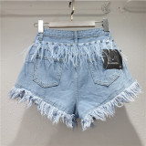 Women Summer Diamond Ostrich Feather Tassel Denim Shorts