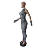 Women Leopard Print Sleeveless Halter Neck Backless Lace-Up Glove Jumpsuit