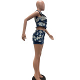 Printed Multi-Pocket Denim Vest Shorts Two Piece Set