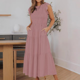 Solid Color Pleated Waist Casual Midi Dress