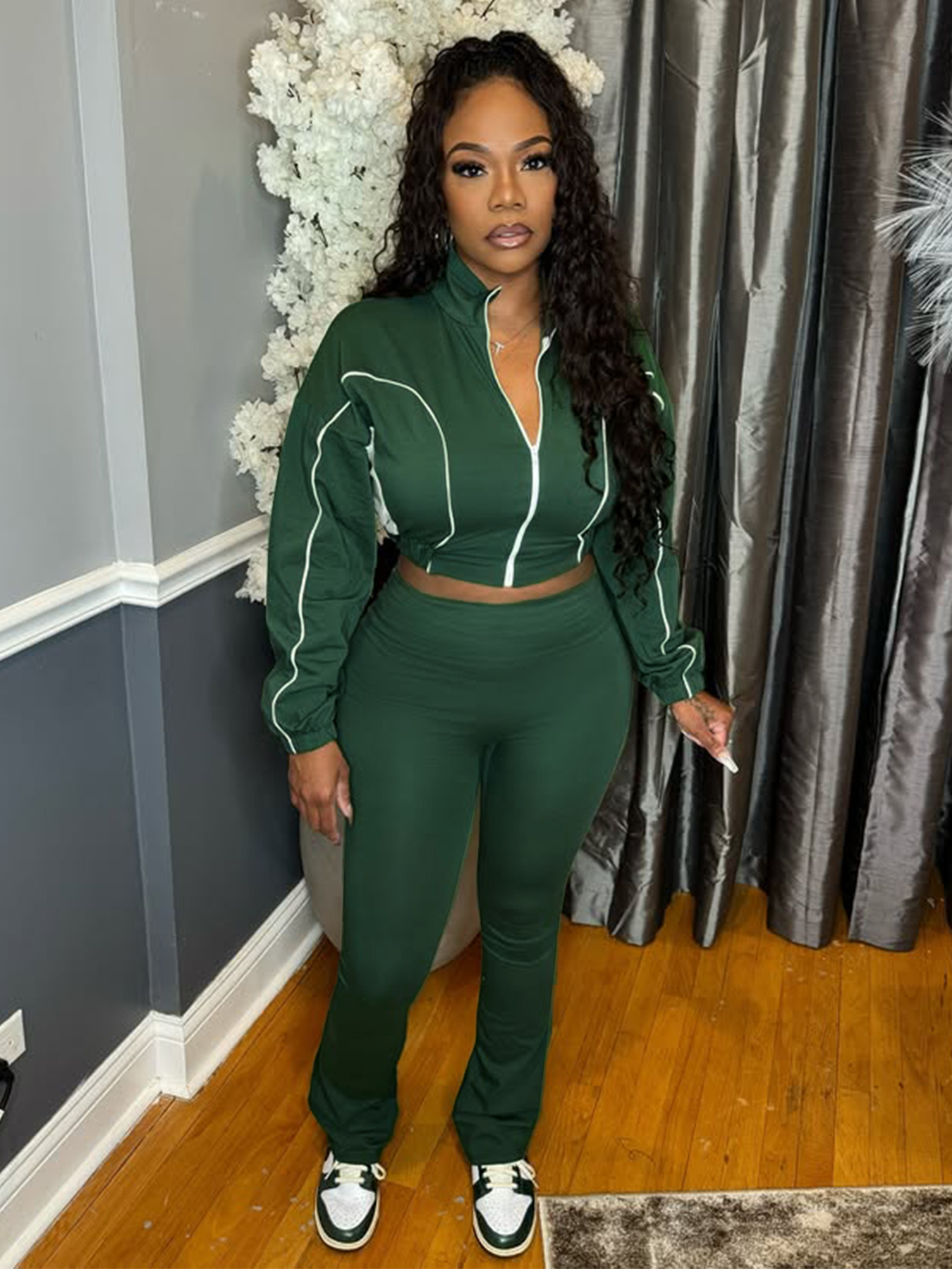 Contrast Zip Patchwork Sport Two Piece Pants Set