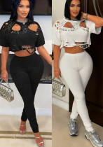 Spring/Summer Casual Ripped Pin Short Sleeve T-Shirt Pants Set Spring/Summer Casual Ripped Pin Short Sleeve T-Shirt Pants Set