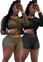 Coin Print Long Sleeve Top Shorts Trendy Two-Piece Set Coin Print Long Sleeve Top Shorts Trendy Two-Piece Set