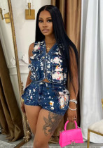Printed Multi-Pocket Denim Vest Shorts Two Piece Set Printed Multi-Pocket Denim Vest Shorts Two Piece Set