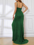V-Neck Shiny Slit Evening Dress