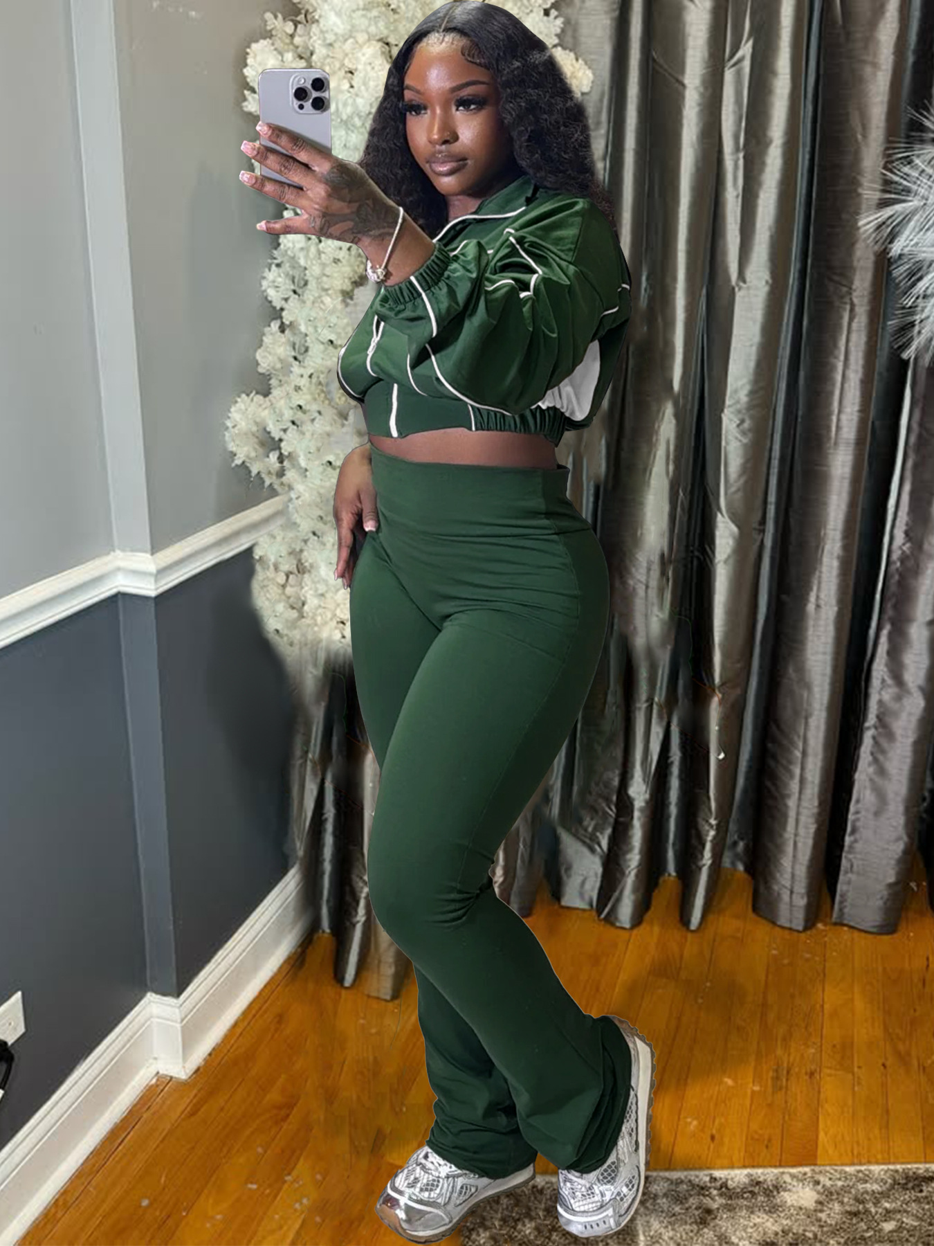 Contrast Zip Patchwork Sport Two Piece Pants Set