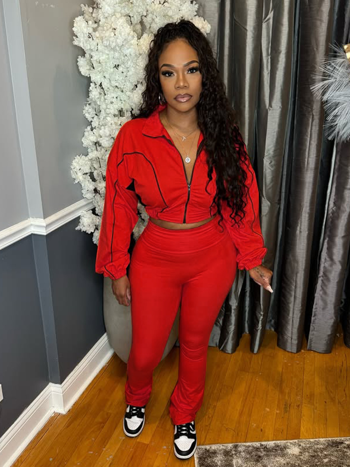 Contrast Zip Patchwork Sport Two Piece Pants Set