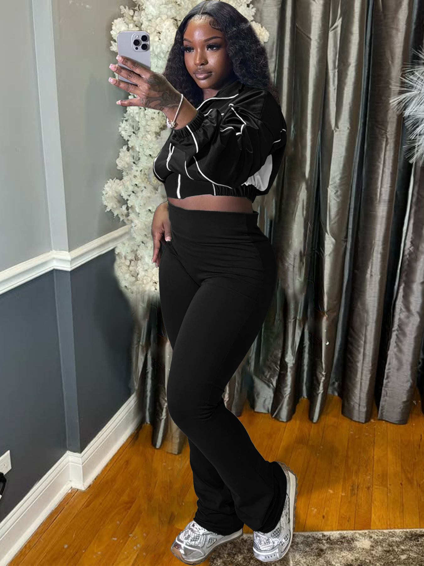 Contrast Zip Patchwork Sport Two Piece Pants Set