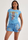Women Print Short Sleeve Top and Shorts Two-piece Set