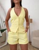 Women Casual Button Vest and Shorts Two-piece Set