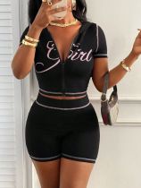 Women Print Contrast Color Top and Shorts Two-piece Set