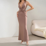 Women Sexy V-Neck Halter Neck Backless Pleated Maxi Fishtail Dress