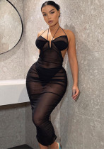 Women Summer Sexy Halter Neck Lace-up Backless Mesh Dress